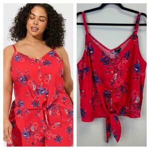 Torrid 2X Dark Pink Blue Floral Tie Tank Top Beachy Summer Vacation Lightweight